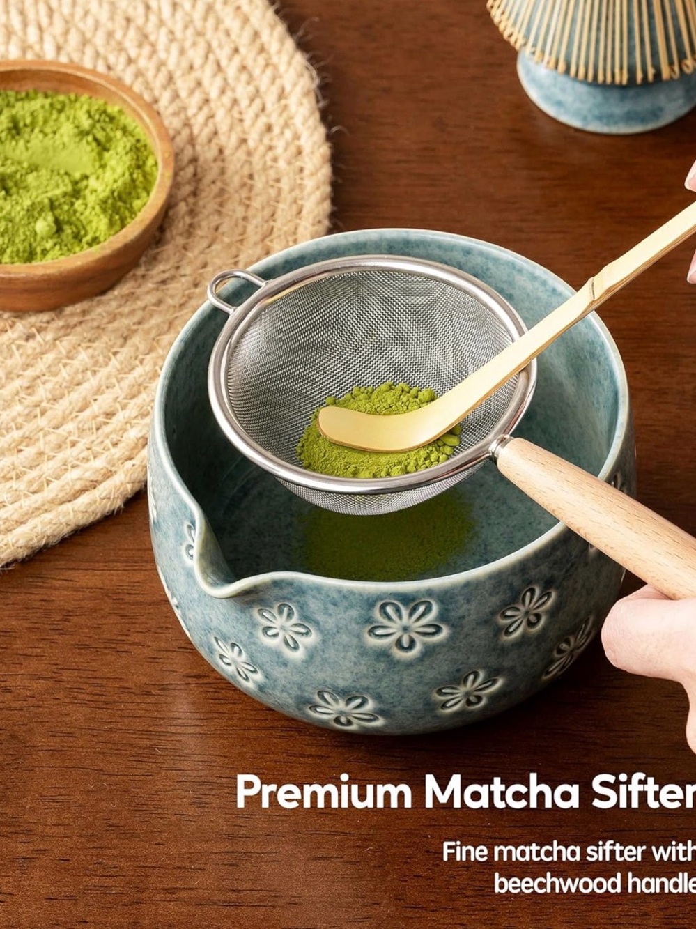 Blue Floral Ceramic Matcha Bowl Set NEW - Picture 3 of 8
